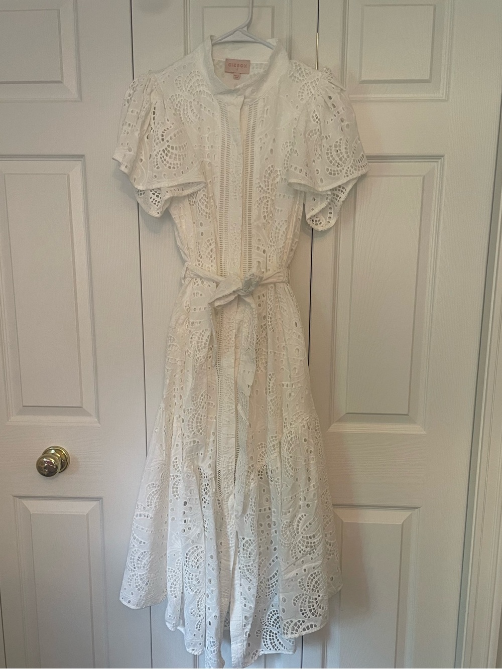 Ciebon White Eyelet Maxi Dress with Tie Waist and Flutter Sleeves - Picture 3 of 9